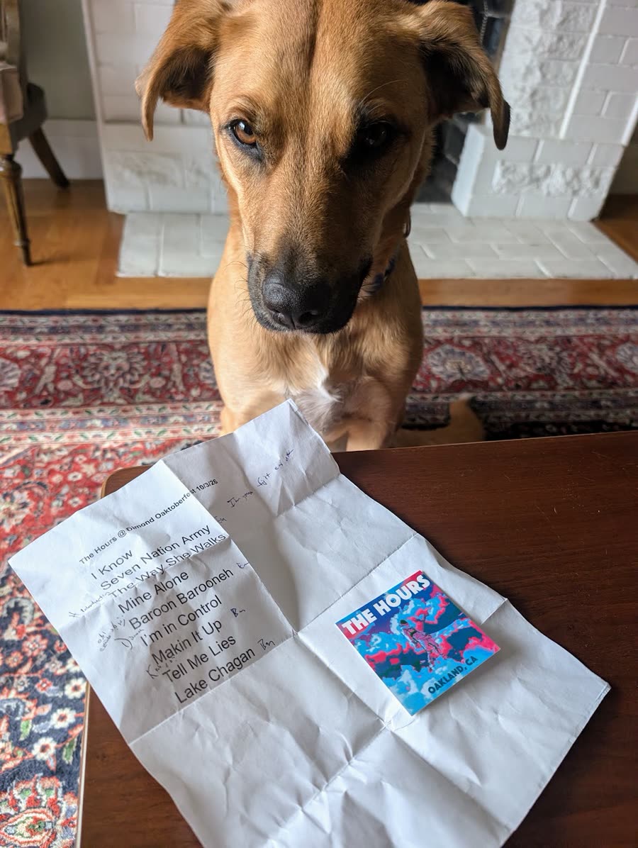 A dog sits behind a folded, handwritten setlist and a The Hours sticker.